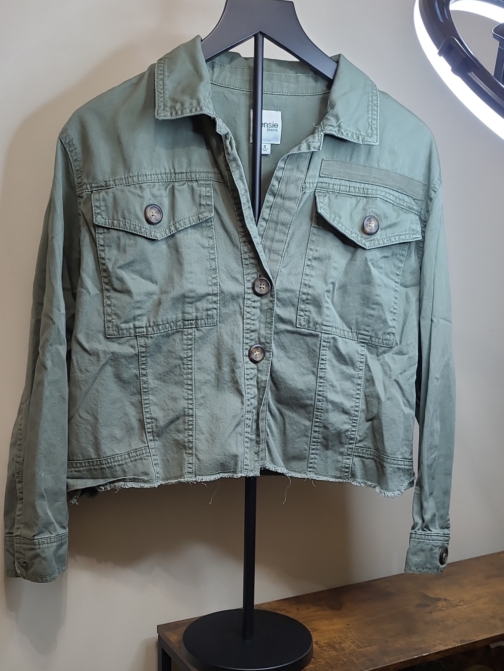 Kensie Olive Green Utility Jacket with Fringe Hem size Small